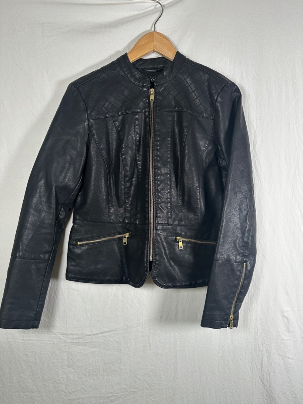Baccini Black Faux Leather Quilted Yoke Moto Jacket with Gold Zippers